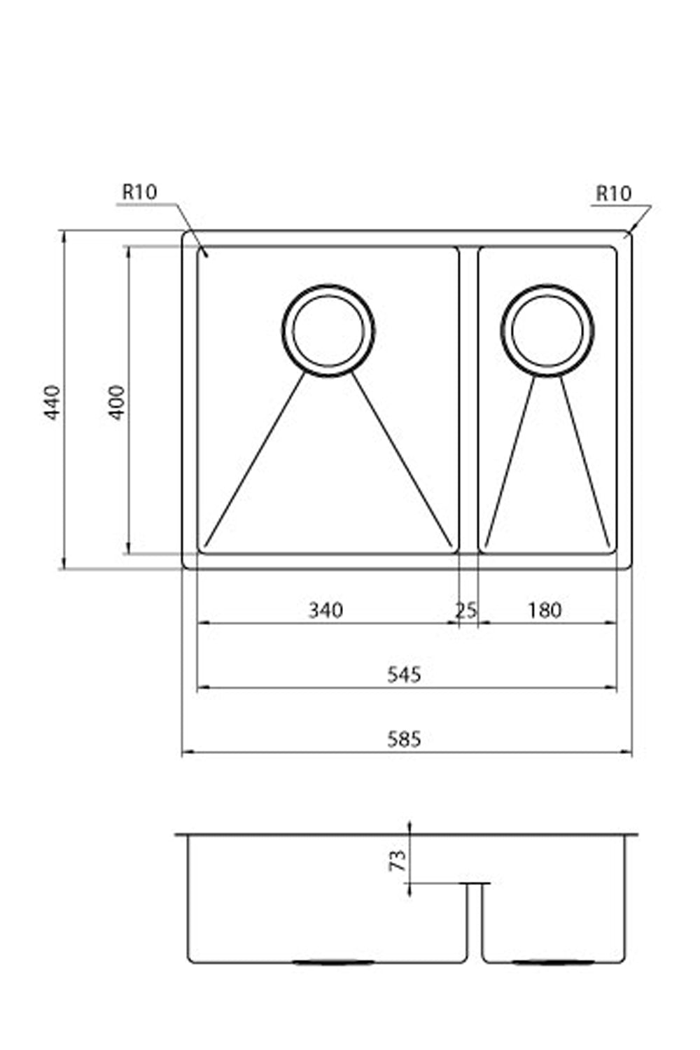 LUISINA 340+180mm R10-Corner Square Stainless Steel Double Sink 意大利製造小圓角方形不銹鋼廚房雙星盆 | Made in Italy |