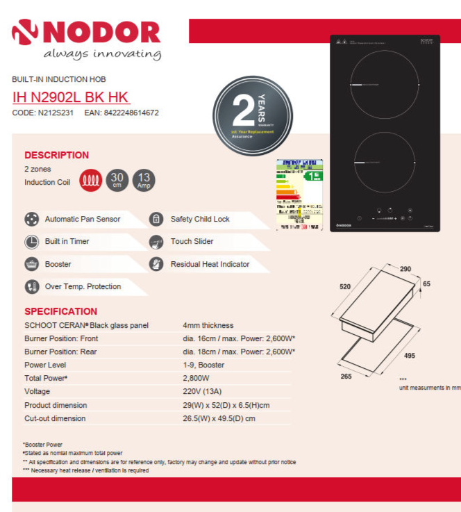 NODOR N2902L-BKHK 300mm induction hob 300mm組合式電磁爐
