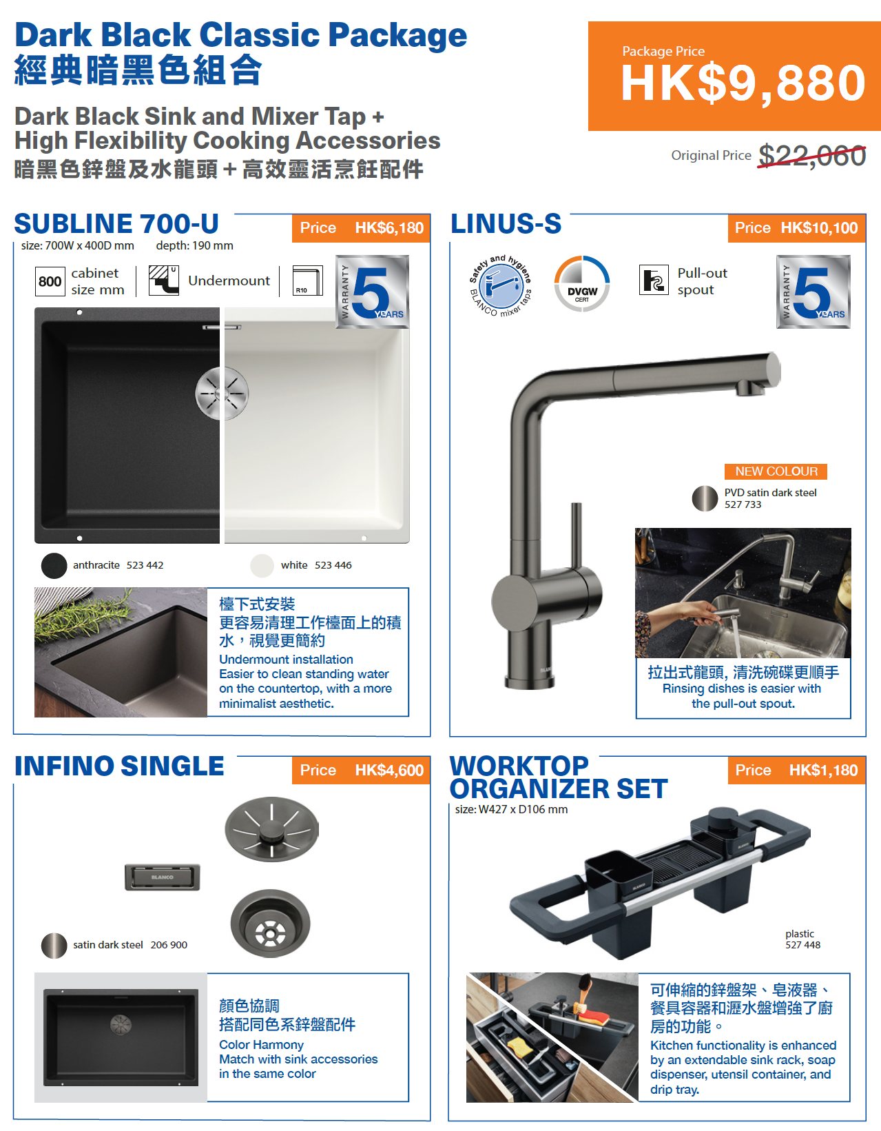 BLANCO SUBLINE 700-U Granite Sink Promotional Package 德國製造Blanco SUBLINE直角方形石星盆 700-U 優惠套裝 | Made in Germany |